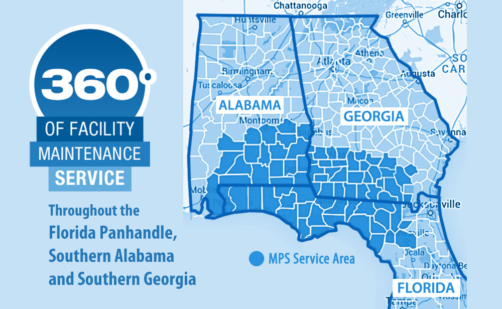 MPS offers 360 degrees of facility maintenance service and repair to many areas in Florida, Alabama and Georgia.